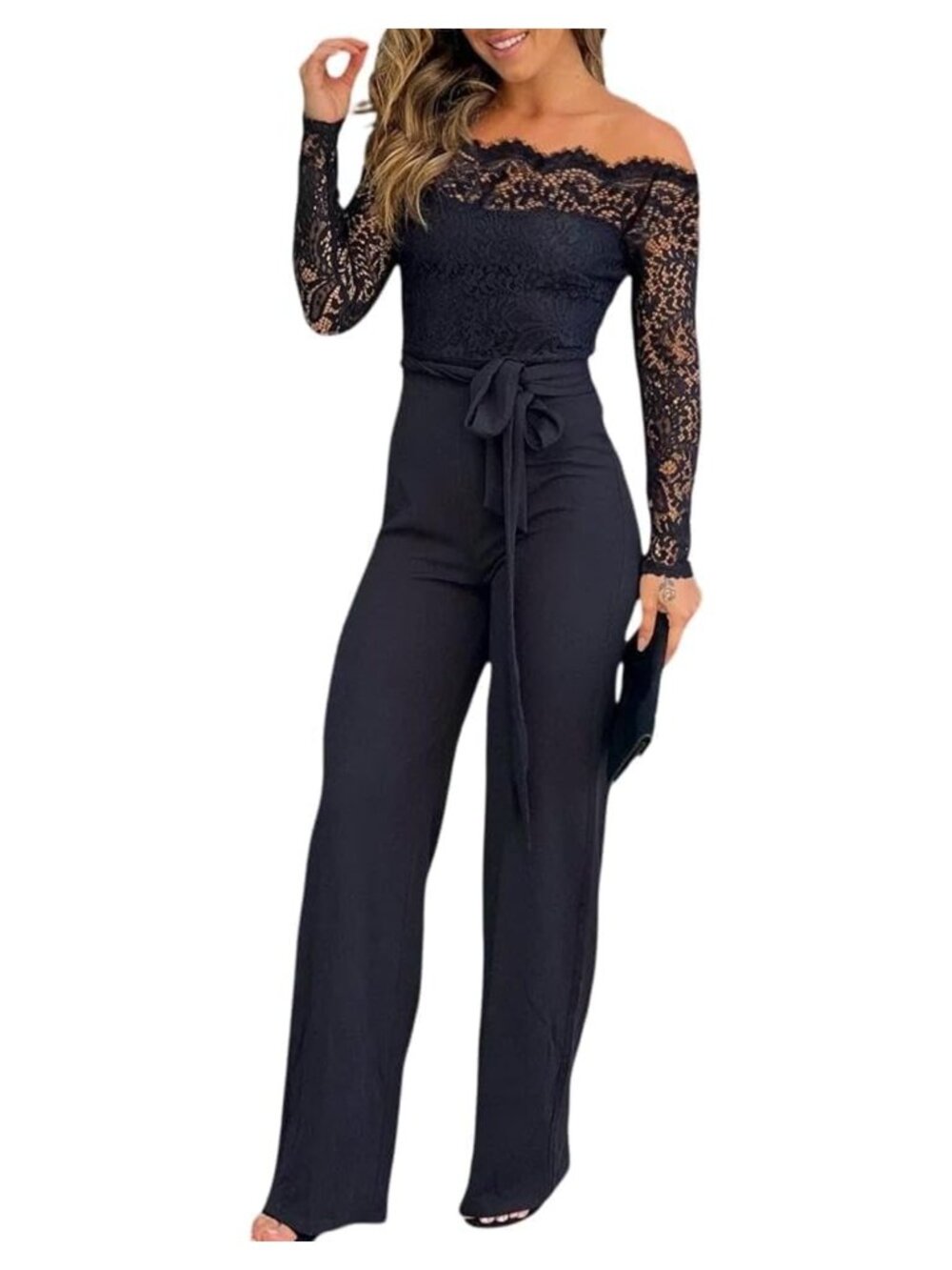 Off-Shoulder Lace Jumpsuit for Women with Belt - Dressy Party Romper